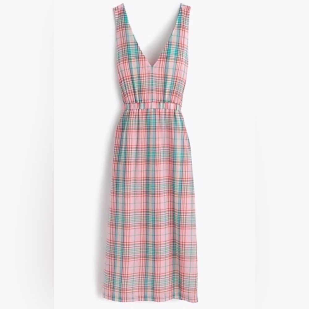 J. Crew 100% Cotton Vintage Pink/Green Plaid Cross-Back Midi Dress Size Large